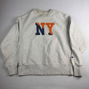 Champion Reverse Weave NY Sweatshirt Mens Medium Oatmeal Grey Graphic Pullover